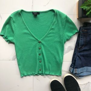 Forever 21 Green Button Up V Neck Crop Top